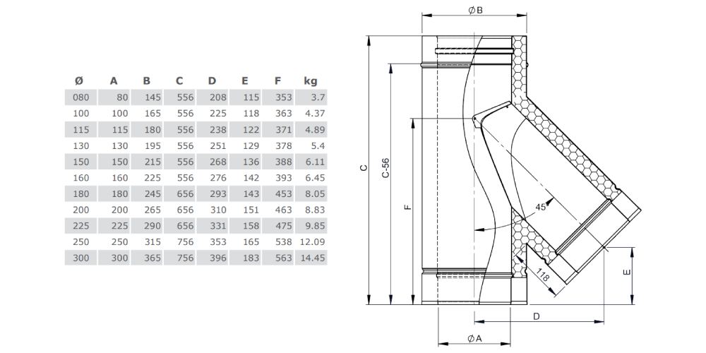 T-Anschluss 45° mit Wassernase - doppelwandig - Tecnovis TEC-DW-Silver