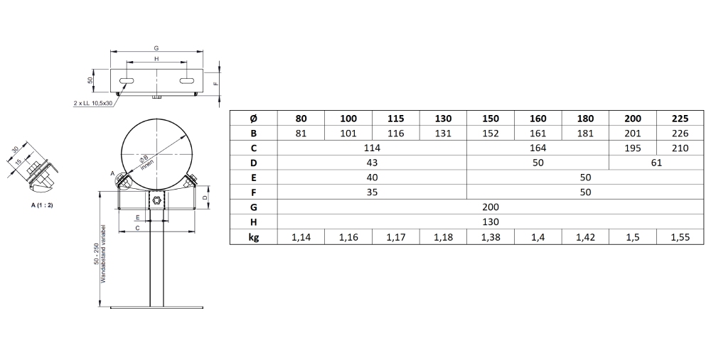 Wandabstandshalter verstellbar 50 - 250 mm für Tecnovis TEC-DW-Classic und TEC-DW-Silver