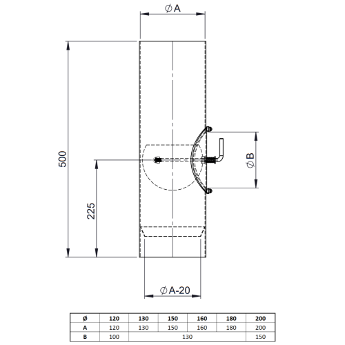 Ofenrohr - Längenelement 500 mm mit Drosselklappe und Tür (ohne Einzug) - gussgrau - Tecnovis TEC-Stahl