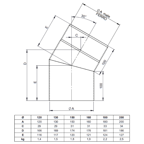 Ofenrohr - Winkel 30° ohne Tür schwarz - Tecnovis TEC-Stahl