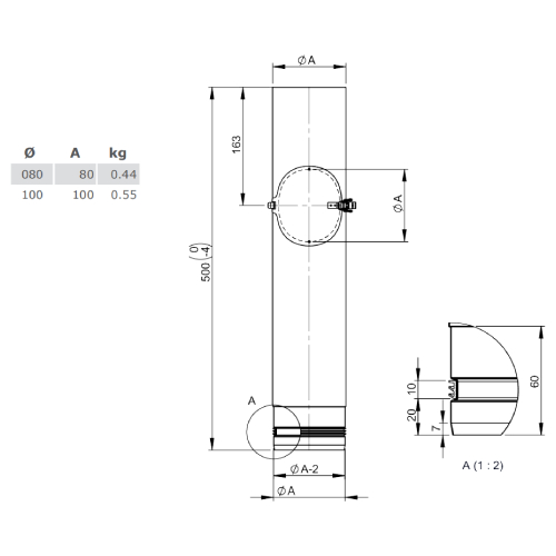 Pelletofenrohr - Längenelement 500 mm mit Revision - unlackiert - Tecnovis TEC-Pellet