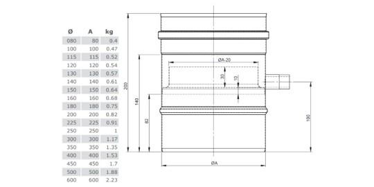 Längenelement 200 mm mit Kondensatfalle für vertikalen Einbau und 1/2“ Nippel - einwandig - Tecnovis TEC-EW-Classic