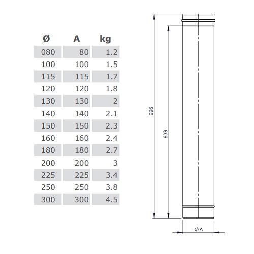 Längenelement 1000 mm - einwandig für Tecnovis EW-SILVER