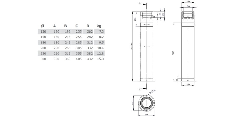 Teleskopstütze 250 - 1190 mm inkl. Teleskopkopf mit Kondensatablauf seitlich - doppelwandig - TEC-DW-DESIGN