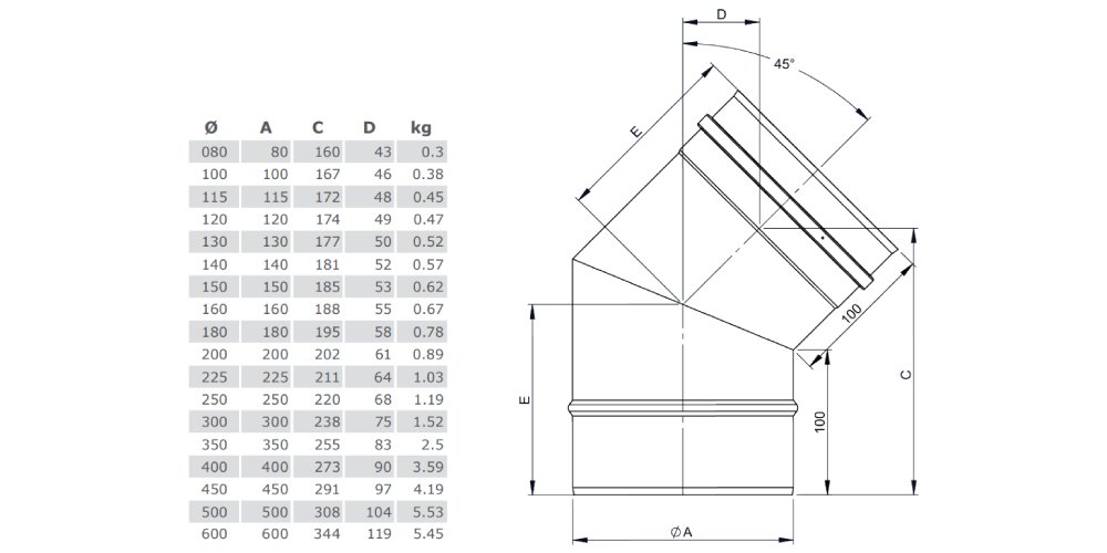 Winkel 45° starr - einwandig - Tecnovis TEC-EW-Classic