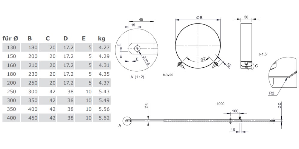 2-Punktabspannung mit Rundrohr verschiedene Längen - Tecnovis TEC-DW-Standard