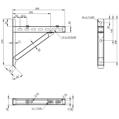 Wandstütze & Querträger Typ I 350 mm - doppelwandig - Tecnovis TEC-DW-NOIR