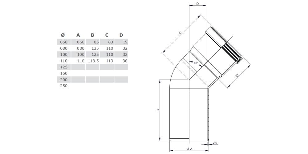 Winkel 45° starr - einwandig - Tecnovis TEC-PPS
