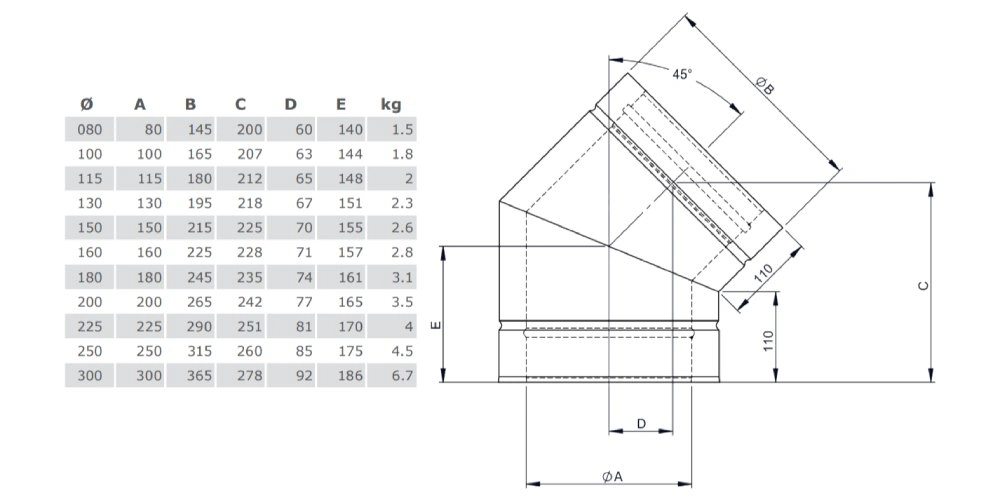 Winkel 45° starr aus Kupfer - doppelwandig - Tecnovis TEC-DW-Classic