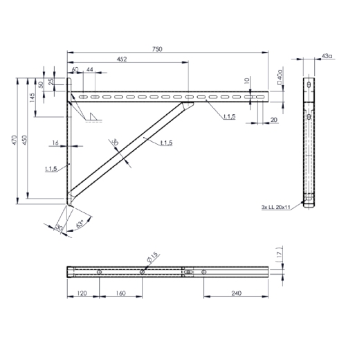 Wandstützen & Querträger Typ III 750 mm, Altkupfer lackiert für Tecnovis TEC-DW-CLASSIC