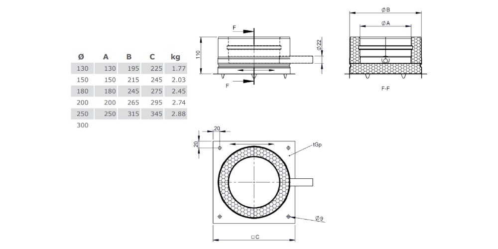 Grundplatte für Sockelmontage mit Kondensatablauf seitlich und 1/2“ Nippel - doppelwandig - Tecnovis TEC-DW-Design