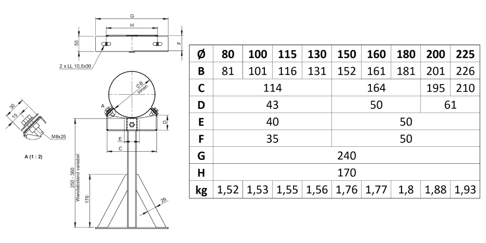 Wandabstandshalter verstellbar 250 - 360 mm für Tecnovis TEC-DW-Classic und TEC-DW-Silver