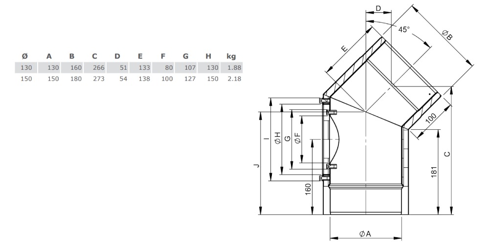 Ofenrohr - doppelwandig - Winkel 45° mit Tür schwarz - Tecnovis TEC-Protect