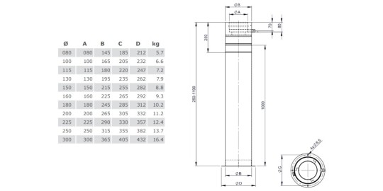 Teleskopstütze 250-1190 mm inkl. Teleskopkopf mit Kondensatablauf seitlich - Tecnovis TEC-DW-Silver