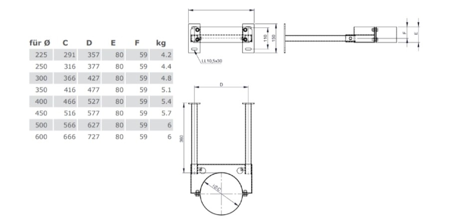 Wandabstandshalter 50 - 360 mm für Tecnovis TEC-DW-Classic und TEC-DW-Silver