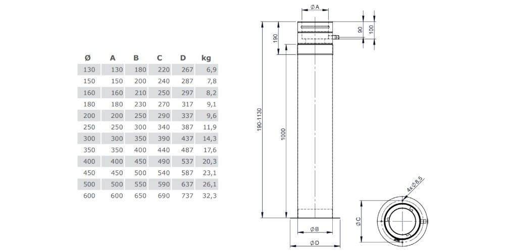 Teleskopstütze 190 - 1130 mm inkl. Teleskopkopf - doppelwandig - Tecnovis TEC-DW-Standard