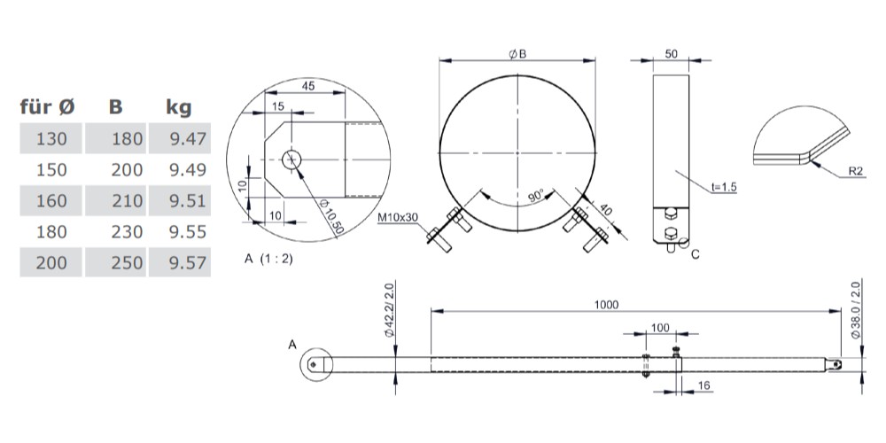 2-Punktabspannung mit Rundrohr verschiedene Längen verstärkt - Tecnovis TEC-DW-Standard