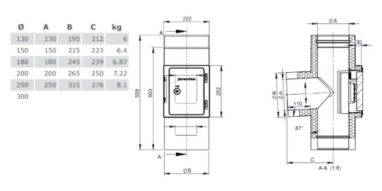 T-Anschluss 87° mit Reinigung gegenüberliegend (gleiche Höhe) - doppelwandig - Tecnovis TEC-DW-Design