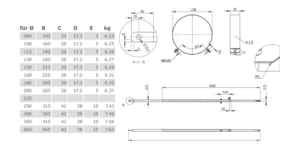 2-Punkt-Abspannung mit Rundrohr verschiedene Längen für Tecnovis TEC-DW-Classic und TEC-DW-Silver