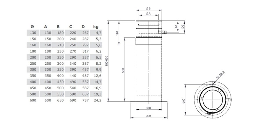 Teleskopstütze 190 - 630 mm inkl. Teleskopkopf - doppelwandig - Tecnovis TEC-DW-Standard