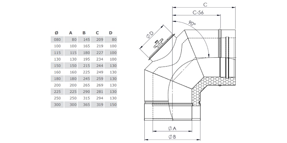Winkel 90° mit Revisionsöffnung für Festbrennstoffe aus Kupfer - doppelwandig - Tecnovis TEC-DW-Classic