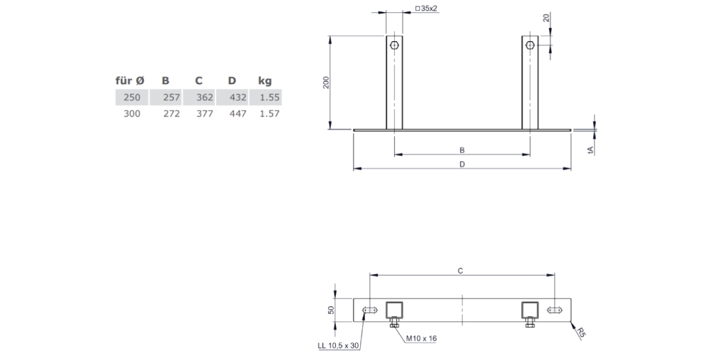 Wandteil von DW20, verstellbar für Wandhalter ab 250 mm aus Kupfer für Tecnovis TEC-DW-CLASSIC