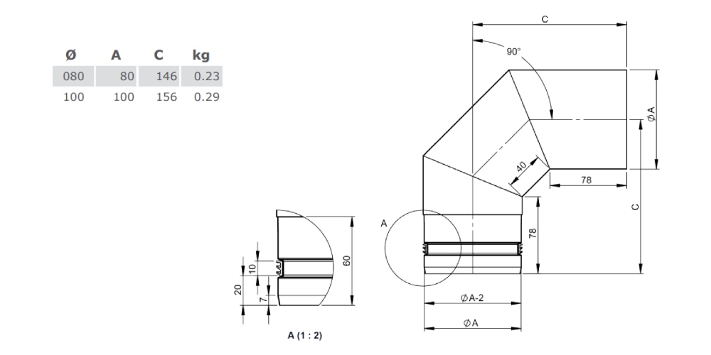 Pelletofenrohr - Winkel 90° starr - schwarz lackiert - Tecnovis TEC-PELLET