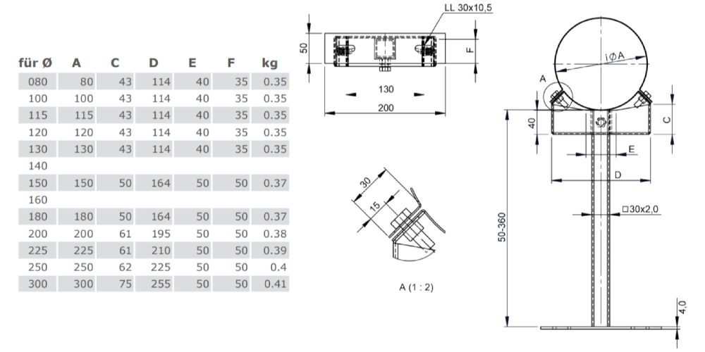 Wandabstandshalter verstellbar 50 - 360 mm - einwandig - Tecnovis TEC-EW-Classic
