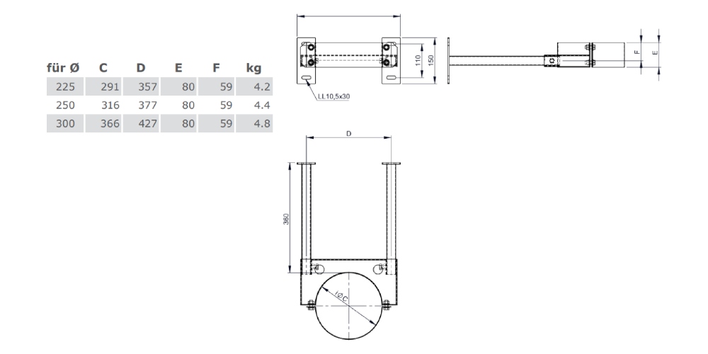 Wandabstandshalter 50 - 360 mm, Altkupfer lackiert für Tecnovis TEC-DW-Classic