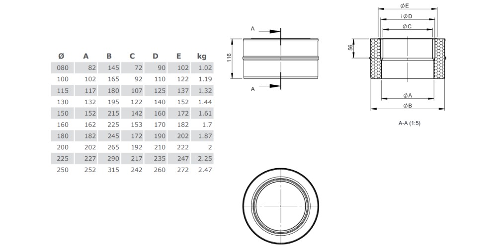 Übergang TEC-EW-SILVER / TEC-DW-SILVER mit integriertem Wandfutter, gerade für TEC-STAHL - Tecnovis TEC-DW-Silver