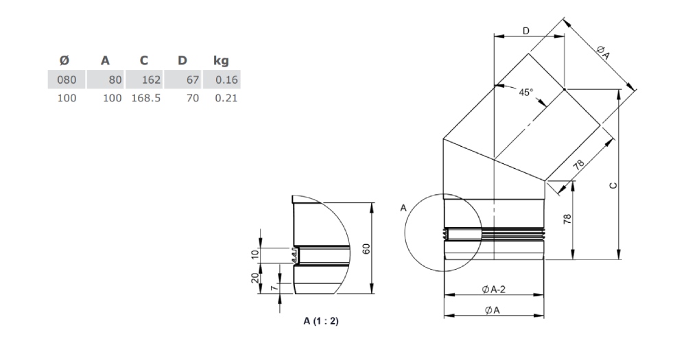 Pelletofenrohr - Winkel 45° starr - gussgrau lackiert - Tecnovis TEC-Pellet