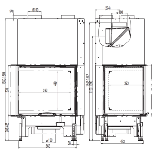 Austroflamm Eckkamin 69x49x57S 2.0 Kamineinsatz 12 kW Schiebetür