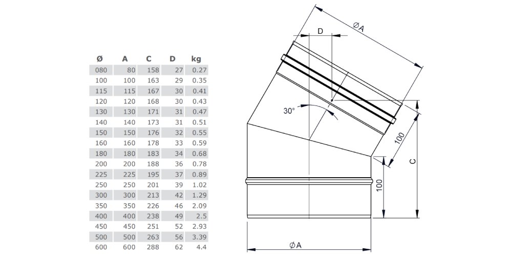 Winkel 30° starr - einwandig - Tecnovis TEC-EW-Classic