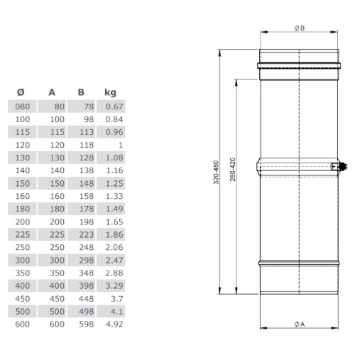 Schiebeelement für Verbindungsleitung 320 - 460 mm - einwandig - Tecnovis TEC-EW-Classic