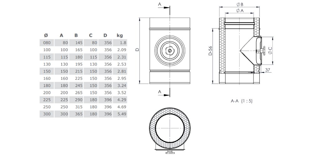 Längenelement mit Revision (Deckel für Öl und Gas) aus Kupfer - doppelwandig - Tecnovis TEC-DW-Classic