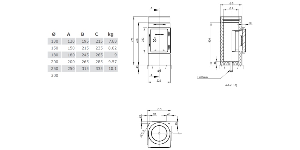 Reinigungselement mit integrierter Grundplatte und Kondensatablauf unten - doppelwandig - Tecnovis TEC-DW-DESIGN