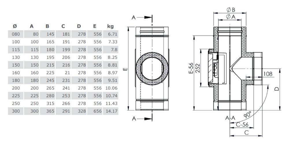 T-Anschluss 90° inklusive Reinigung gegenüberliegend (gleiche Höhe) aus Kupfer - doppelwandig - Tecnovis TEC-DW-Classic