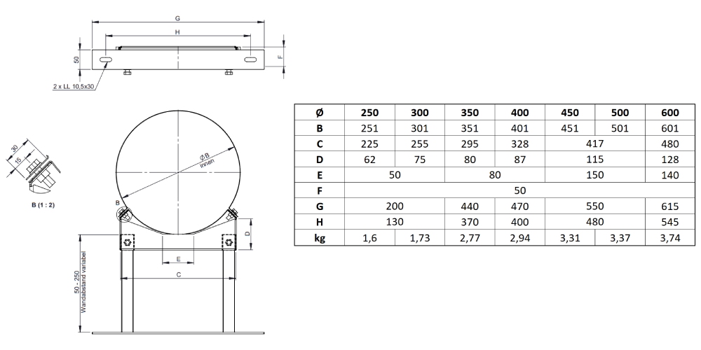 Wandabstandshalter verstellbar 50 - 250 mm für Tecnovis TEC-DW-Classic und TEC-DW-Silver