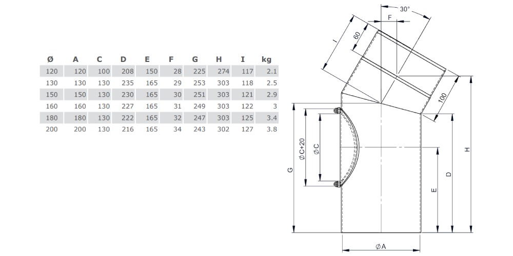 Ofenrohr - Winkel 30° mit Tür gussgrau - Tecnovis TEC-Stahl