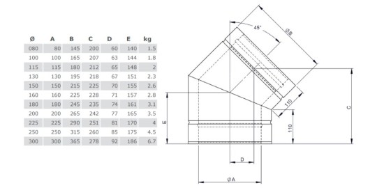 Winkel 45° starr - doppelwandig - Tecnovis TEC-DW-Silver