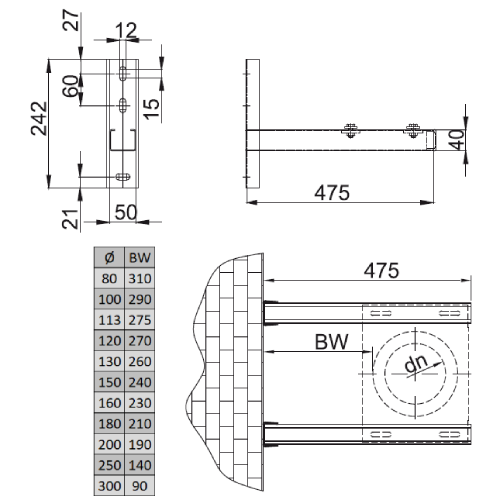 Wandstützen 475 mm - doppelwandig - Reuter DW-Systeme