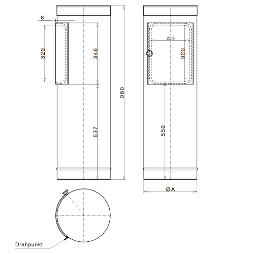 Einwurfschacht mit Design-Türe, l=980 mm oben offen - Tecnovis Wäscheabwurfschacht