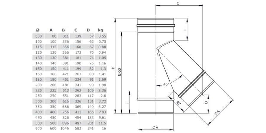 T-Anschluss 45° mit Wassernase - einwandig - Tecnovis TEC-EW-Classic