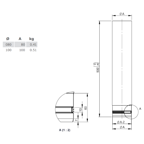 Pelletofenrohr - Längenelement 500 mm - unlackiert - Tecnovis TEC-Pellet