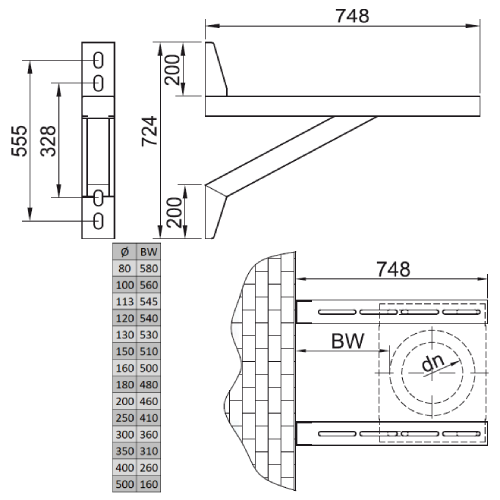 Wandstützen 748 mm - doppelwandig - Reuter DW-Systeme