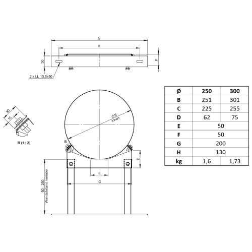 Wandabstandshalter verstellbar 150 - 250 mm, Altkupfer lackiert für Tecnovis TEC-DW-Classic