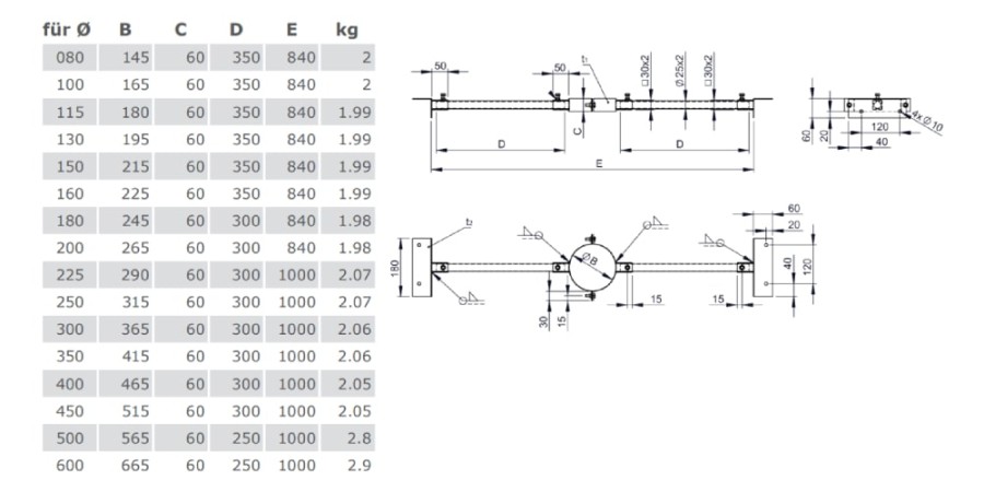 Sparrenhalterung verstellbar 500 - 900 mm für Tecnovis TEC-DW-Classic und TEC-DW-Silver