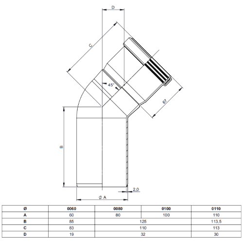 Winkel 45° starr - einwandig - Tecnovis TEC-PPS