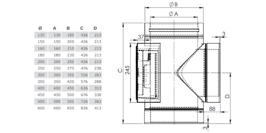 T-Anschluss 90° mit Reinigung gegenüberliegend - doppelwandig - Tecnovis TEC-DW-Standard