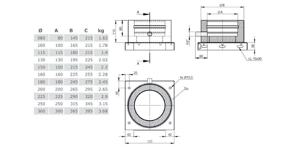 Grundplatte mit Kondensatablauf seitlich aus Kupfer - doppelwandig - Tecnovis TEC-DW-Classic